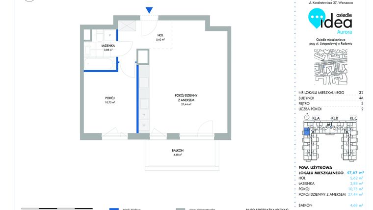 Rzut - Mieszkanie na sprzedaż 2 pokoje o powierzchni 47,73 m² - numer 32.4A w Osiedle Idea Aurora