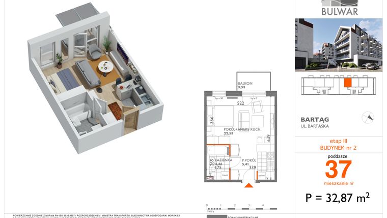 Rzut - Mieszkanie na sprzedaż 1 pokój o powierzchni 32,87 m² - numer 37 w Bulwar bud. 2