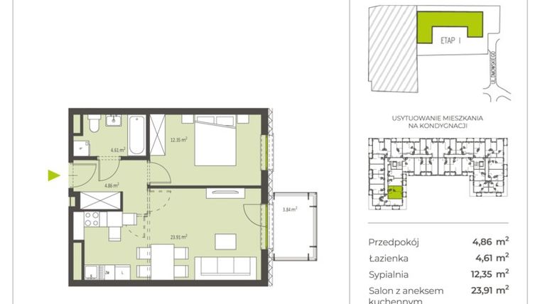 Rzut - Mieszkanie na sprzedaż 2 pokoje o powierzchni 45,63 m² - numer K1-3-9 w Kępa Park