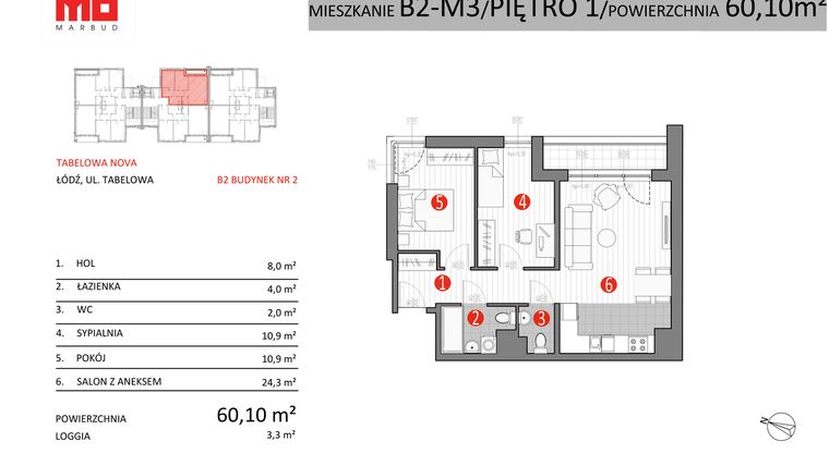 Rzut - Mieszkanie na sprzedaż 3 pokoje o powierzchni 60,1 m² - numer B2-M3 w Tabelowa NOVA