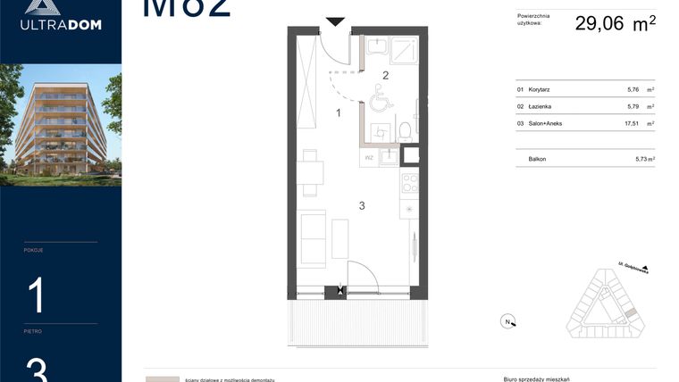 Rzut - Mieszkanie na sprzedaż 1 pokój o powierzchni 29,06 m² - numer M082 w Ultradom
