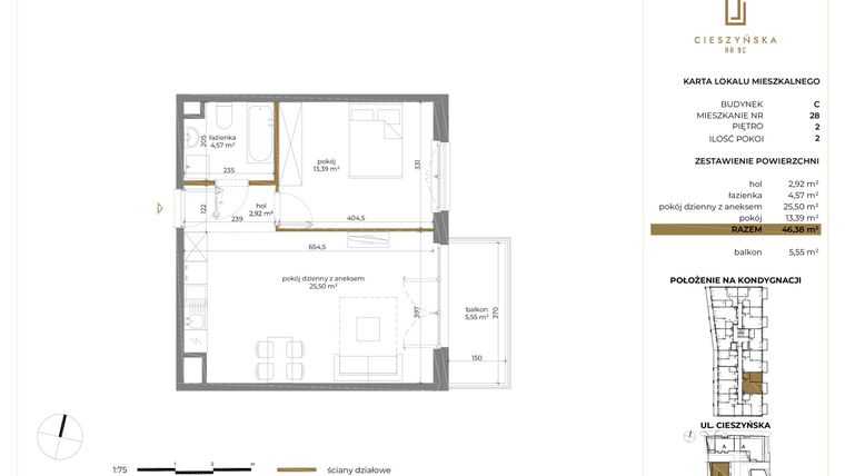 Rzut - Mieszkanie na sprzedaż 2 pokoje o powierzchni 46,38 m² - numer C-28 w Cieszyńska 9 budynek B i C