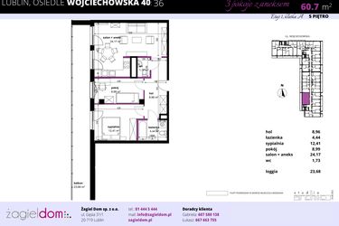 Rzut - Mieszkanie na sprzedaż 3 pokoje o powierzchni 60,7 m² - numer 36 w Wojciechowska Square
