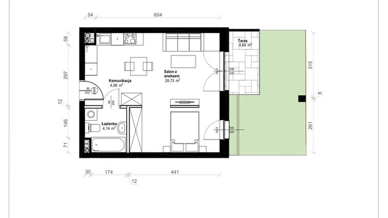 Rzut - Mieszkanie na sprzedaż 1 pokój o powierzchni 36,93 m² - numer B.0.11.1a w ATRIUM