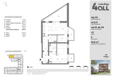 Rzut - Mieszkanie na sprzedaż 2 pokoje o powierzchni 69,66 m² - numer A/2/5 w Osiedle Mateckiego 4ALL