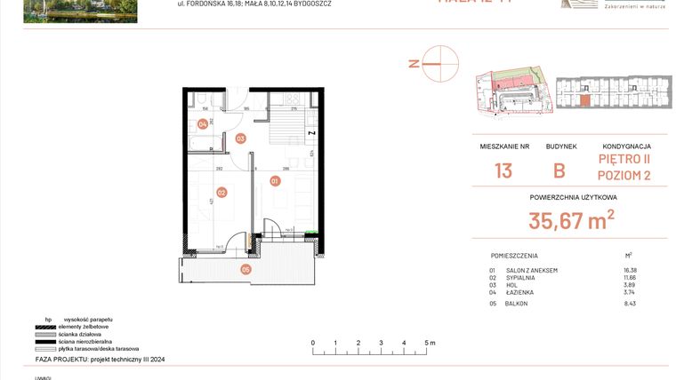 Rzut - Mieszkanie na sprzedaż 2 pokoje o powierzchni 35,67 m² - numer 12.13 w Osiedle Nowe Horyzonty etap III