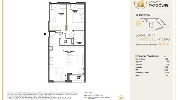 Rzut - Mieszkanie na sprzedaż 3 pokoje o powierzchni 69,18 m² - numer 74 w Markowy Targówek