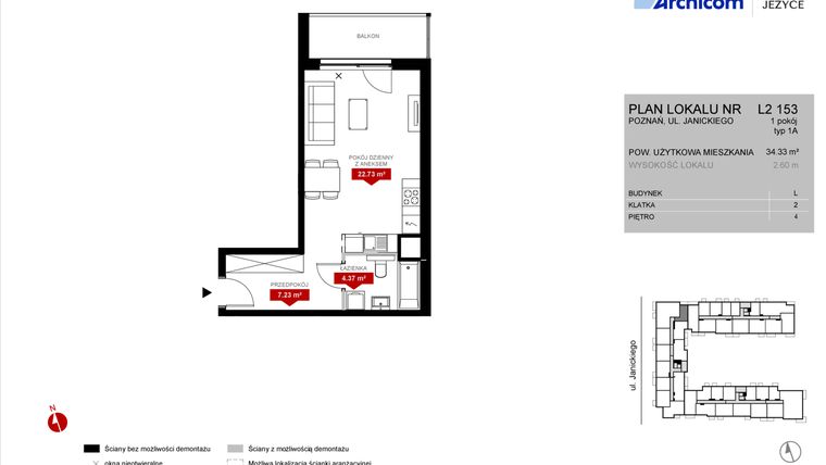 Rzut - Mieszkanie na sprzedaż 1 pokój o powierzchni 34,33 m² - numer L2.153 w Wieża Jeżyce etap VI