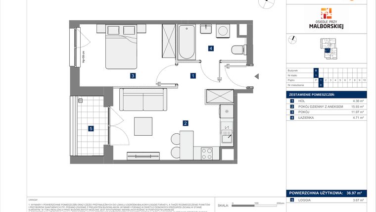 Rzut - Mieszkanie na sprzedaż 2 pokoje o powierzchni 36,97 m² - numer B.8 w Osiedle przy Malborskiej II