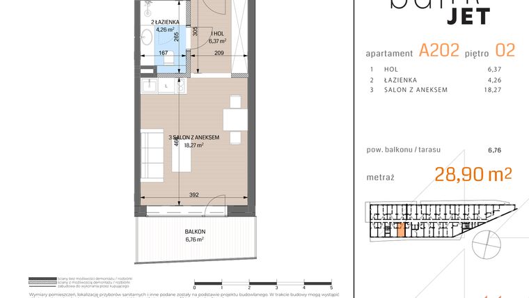 Rzut - Mieszkanie na sprzedaż 1 pokój o powierzchni 29,42 m² - numer A202 w Baltic Jet