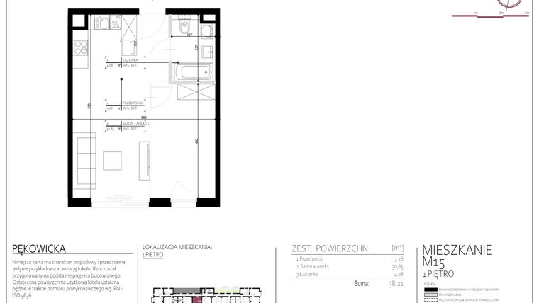 Rzut - Mieszkanie na sprzedaż 1 pokój o powierzchni 38,21 m² - numer 15 w Pękowicka 96