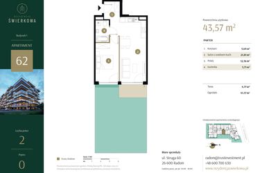 Rzut - Mieszkanie na sprzedaż 2 pokoje o powierzchni 43,57 m² - numer 62 w Rezydencja Świerkowa