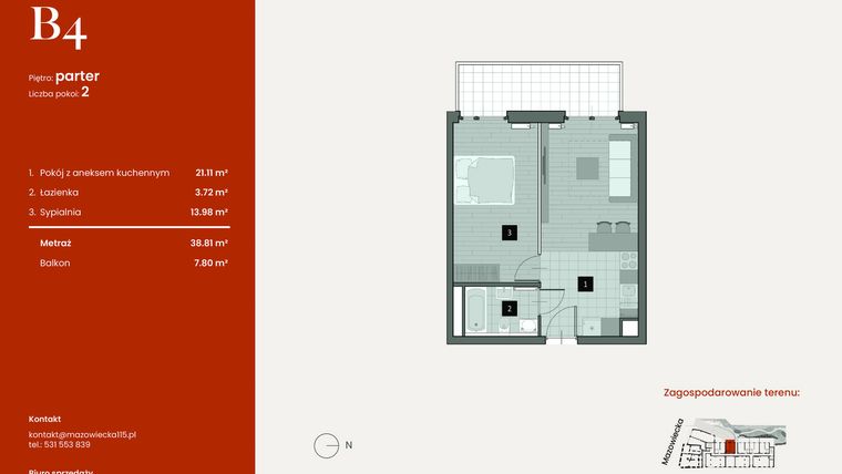 Rzut - Mieszkanie na sprzedaż 2 pokoje o powierzchni 38,81 m² - numer B4 w Mazowiecka 115