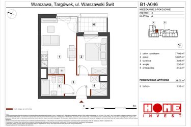 Rzut - Mieszkanie na sprzedaż 2 pokoje o powierzchni 38,03 m² - numer B1-A046 w Warszawski Świt etap VIII