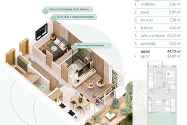 Rzut - Mieszkanie na sprzedaż 2 pokoje o powierzchni 44,73 m² - numer A.2.1 w Enklawa