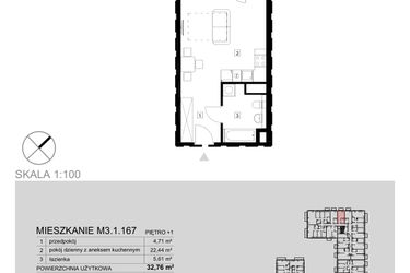 Rzut - Mieszkanie na sprzedaż 1 pokój o powierzchni 32,76 m² - numer M3.1.167 w Modern Helenów