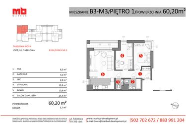Rzut - Mieszkanie na sprzedaż 3 pokoje o powierzchni 60,2 m² - numer B3-M3 w Tabelowa NOVA