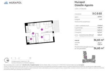 Rzut - Mieszkanie na sprzedaż 1 pokój o powierzchni 36,6 m² - numer 3.C.0.02 w Murapol Agosto