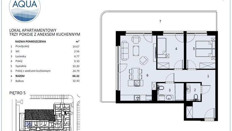 Rzut - Mieszkanie na sprzedaż 3 pokoje o powierzchni 63,48 m² - numer F504 w Polanki Aqua - budynek E i F