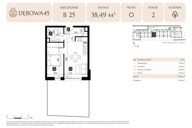 Rzut - Mieszkanie na sprzedaż 2 pokoje o powierzchni 38,49 m² - numer B.25 w Dębowa 45
