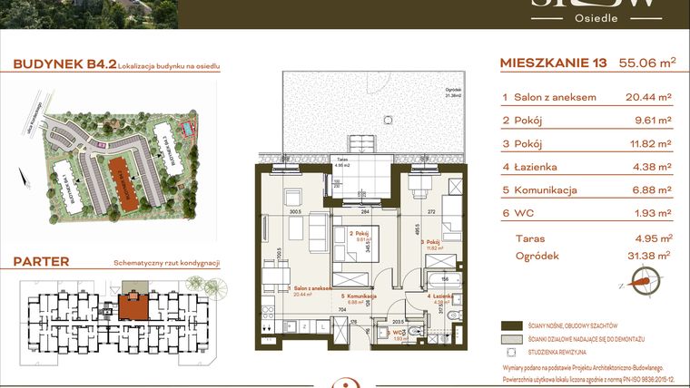 Rzut - Mieszkanie na sprzedaż 3 pokoje o powierzchni 55,06 m² - numer B4.2.13 w Osiedle SLOW