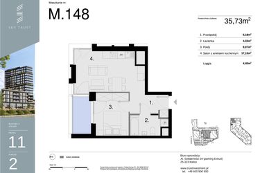 Rzut - Mieszkanie na sprzedaż 2 pokoje o powierzchni 35,73 m² - numer M148 w Sky Trust etap II