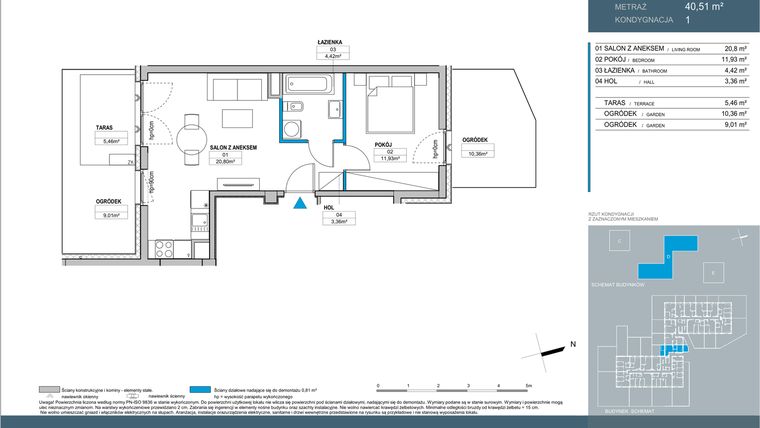 Rzut - Mieszkanie na sprzedaż 2 pokoje o powierzchni 40,51 m² - numer D1.1.01 w Nordic Bemowo - etap IV