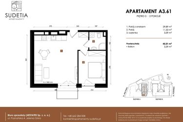 Rzut - Mieszkanie na sprzedaż 2 pokoje o powierzchni 45,01 m² - numer A 3.61 w Apartamenty Sudetia