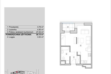 Rzut - Mieszkanie na sprzedaż 1 pokój o powierzchni 36,15 m² - numer H1-A-9-3 w Heyki City
