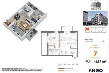 Rzut - Mieszkanie na sprzedaż 2 pokoje o powierzchni 46,57 m² - numer 7 w Osiedle Bulwar bud. 4