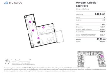 Rzut - Mieszkanie na sprzedaż 1 pokój o powierzchni 41,16 m² - numer 6.B.4.02 w Murapol Osiedle Szafirove