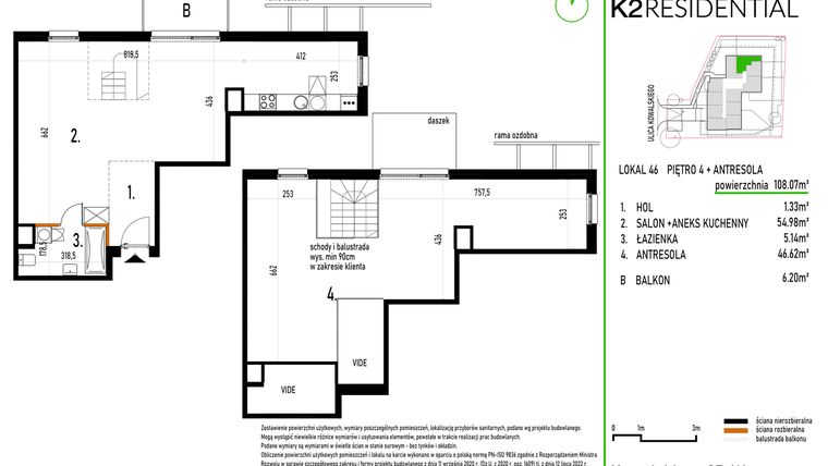 Rzut - Mieszkanie na sprzedaż 1 pokój o powierzchni 108,07 m² - numer 46 w Kowalskiego 37