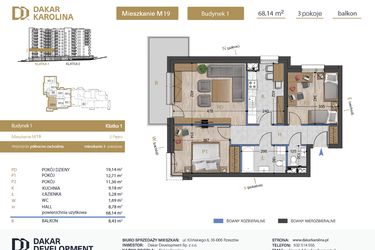 Rzut - Mieszkanie na sprzedaż 3 pokoje o powierzchni 68,14 m² - numer 19 w Osiedle Dakar Karolina