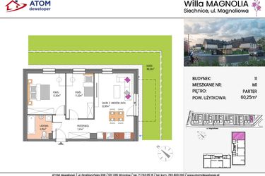 Rzut - Mieszkanie na sprzedaż 3 pokoje o powierzchni 60,25 m² - numer Bud.11-1 w Willa Magnolia