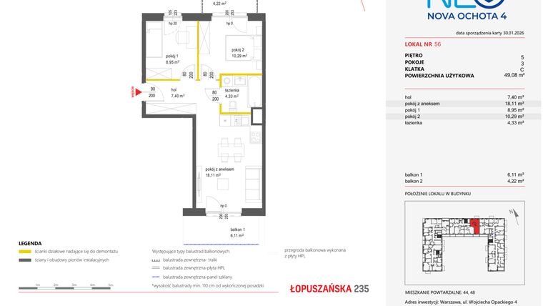 Rzut - Mieszkanie na sprzedaż 3 pokoje o powierzchni 49,08 m² - numer 56 w Neo Nova Ochota 4