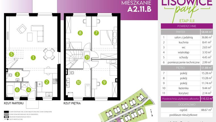 Rzut - Mieszkanie na sprzedaż 4 pokoje o powierzchni 110,32 m² - numer A.2.11.B w Lisowice Park etap 2+
