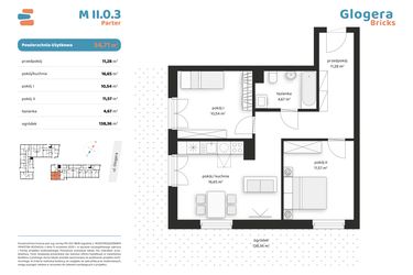 Rzut - Mieszkanie na sprzedaż 3 pokoje o powierzchni 54,71 m² - numer M II.0.3 w Glogera Bricks