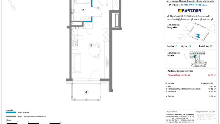 Rzut - Mieszkanie na sprzedaż 1 pokój o powierzchni 26,87 m² - numer 15 w Daszyńskiego Square etap 2