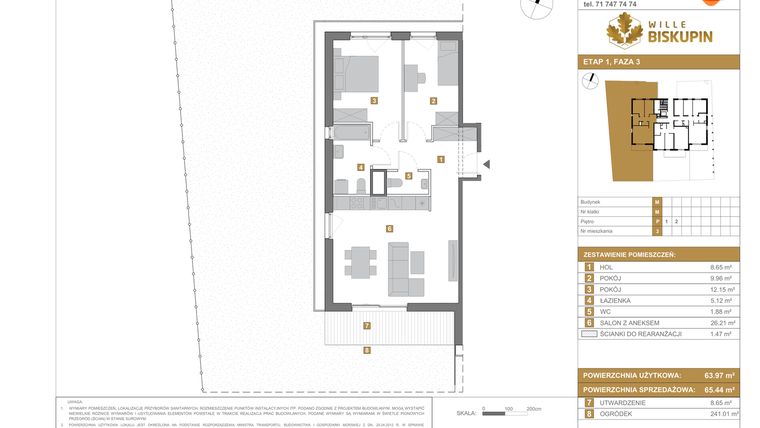 Rzut - Mieszkanie na sprzedaż 3 pokoje o powierzchni 65,44 m² - numer M3 w Wille Biskupin III