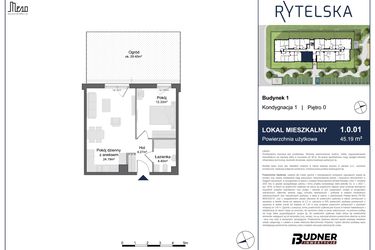 Rzut - Mieszkanie na sprzedaż 2 pokoje o powierzchni 45,19 m² - numer 1.0.01 w Rytelska