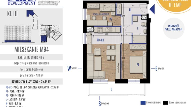 Rzut - Mieszkanie na sprzedaż 3 pokoje o powierzchni 55,84 m² - numer M94 w Żmigrodzka Słoneczny Stok