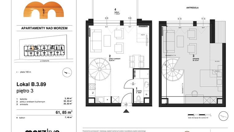 Rzut - Mieszkanie na sprzedaż 1 pokój o powierzchni 61,85 m² - numer B.3.89 w Morzlive