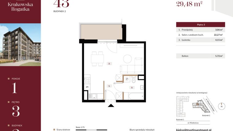 Rzut - Mieszkanie na sprzedaż 1 pokój o powierzchni 29,48 m² - numer 2.M43 w Krakowska Rogatka