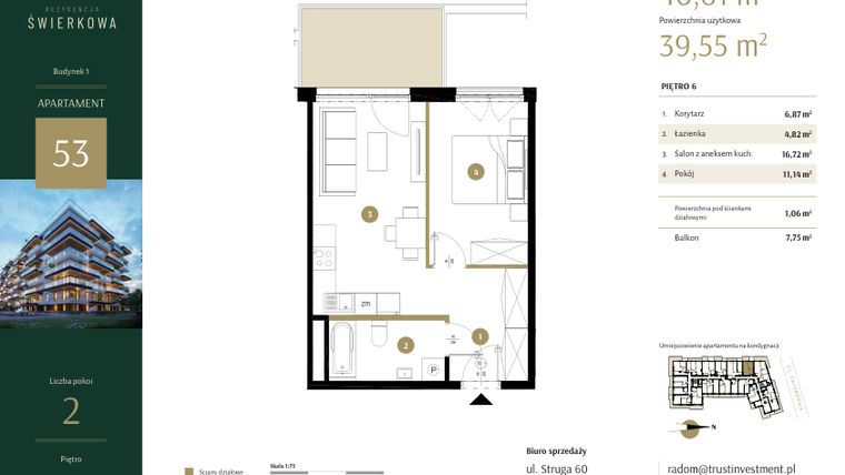 Rzut - Mieszkanie na sprzedaż 2 pokoje o powierzchni 40,61 m² - numer 53 w Rezydencja Świerkowa