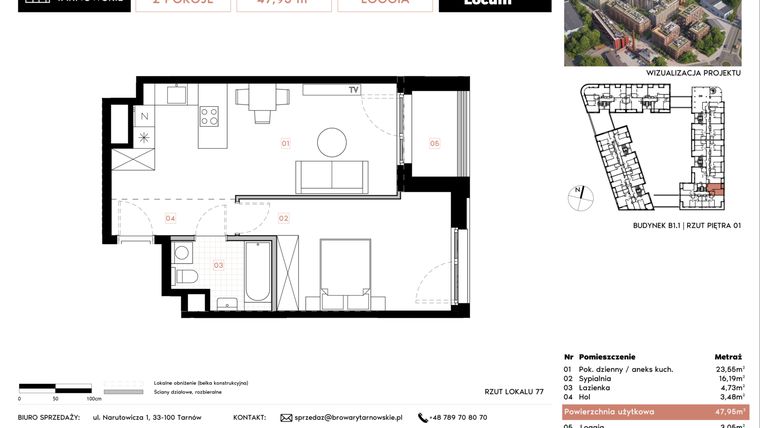 Rzut - Mieszkanie na sprzedaż 2 pokoje o powierzchni 47,95 m² - numer B1.1.77 w Browary Tarnowskie etap 1