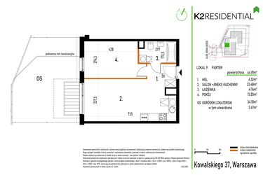 Rzut - Mieszkanie na sprzedaż 2 pokoje o powierzchni 44,81 m² - numer 9 w Kowalskiego 37
