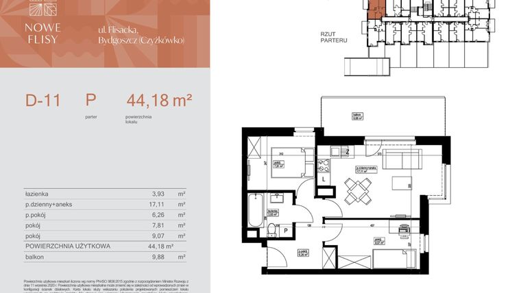 Rzut - Mieszkanie na sprzedaż 3 pokoje o powierzchni 44,18 m² - numer M11_NF.d w Nowe Flisy II
