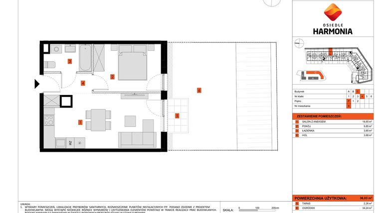Rzut - Mieszkanie na sprzedaż 2 pokoje o powierzchni 36,03 m² - numer C.9 w Osiedle Harmonia