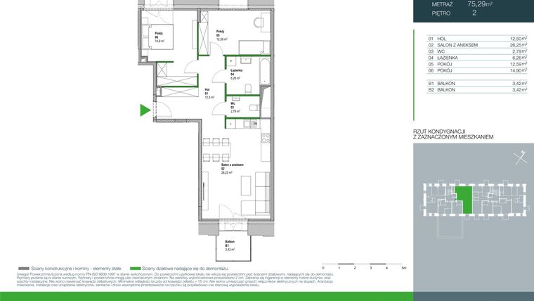 Rzut - Mieszkanie na sprzedaż 3 pokoje o powierzchni 75,29 m² - numer E.2.2.01 w Aroma Park Lofty