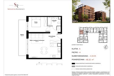 Rzut - Mieszkanie na sprzedaż 2 pokoje o powierzchni 48,9 m² - numer A-04-05 w Siedlecka Residence
